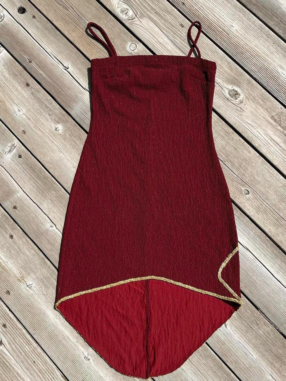 Finesse Burgundy High-Low Spaghetti Strap Dress with Gold Trim